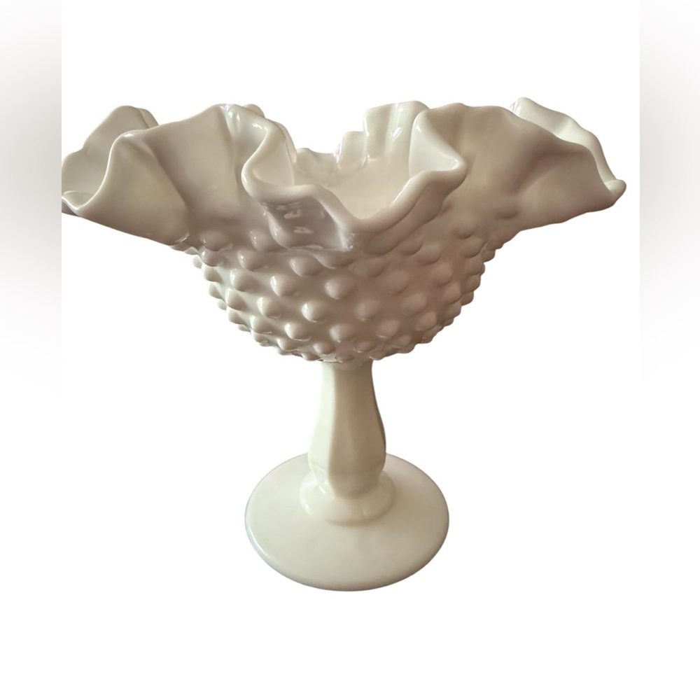 Vintage Fenton Hobnail Milk Glass Compote Vase with Paneled Stem